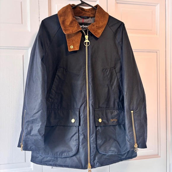 Barbour Navy Waxed Cotton Jacket Corduroy Collar Women 8 Barbour Brit Elegance - Picture 3 of 16